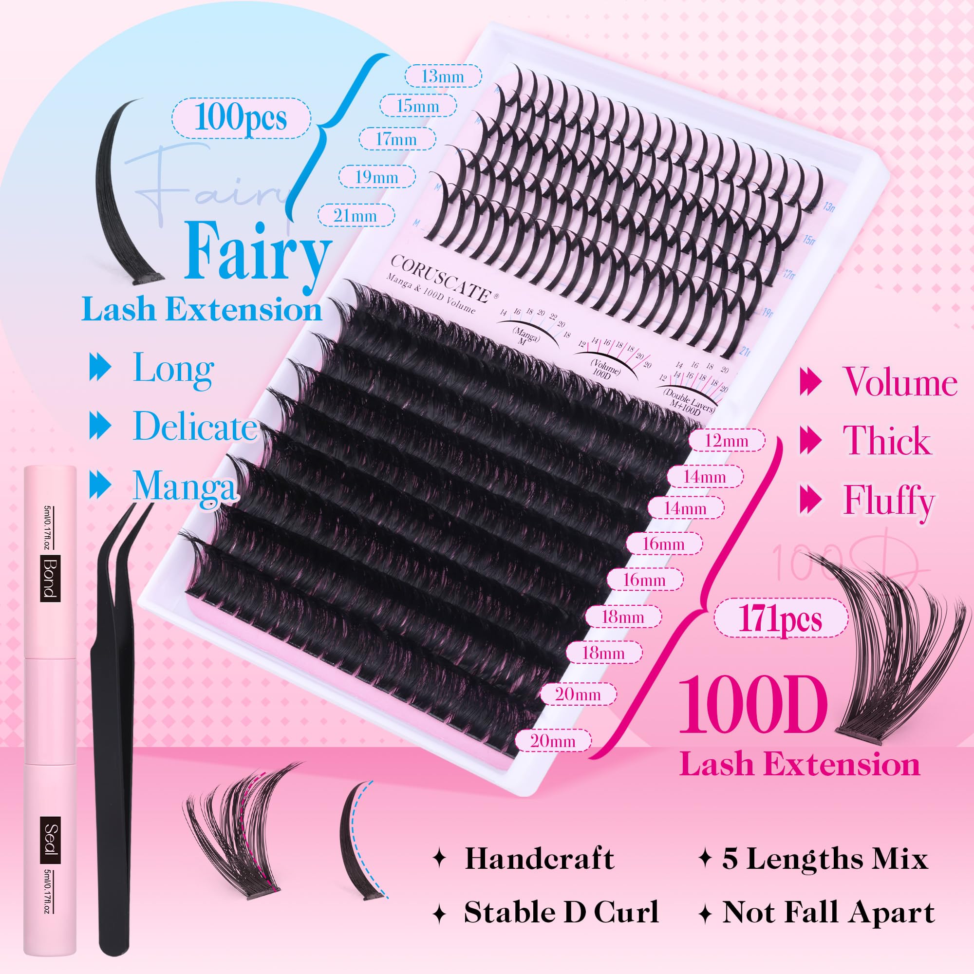 Cluster Lashes Kit 100D Lash Spikes Mega Volume Eyelashes Individual Kit Thick Individual Eyelashes with Spikey D Curl Lashes Cluster DIY Eyelash Clusters with Lash Glue by CORUSCATE