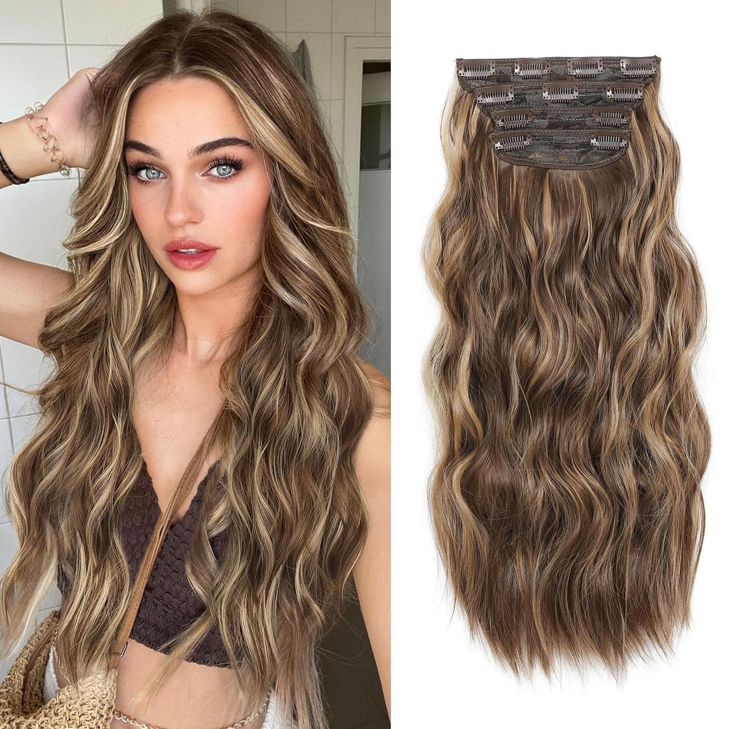 Fine Plus Hair Extensions Clip in 4PCS Light Brown Mix Honey Blonde 20Inch Hair Extension Long Wavy Full Head Clip in Hair Extensions Synthetic Fiber Hair Pieces for Women