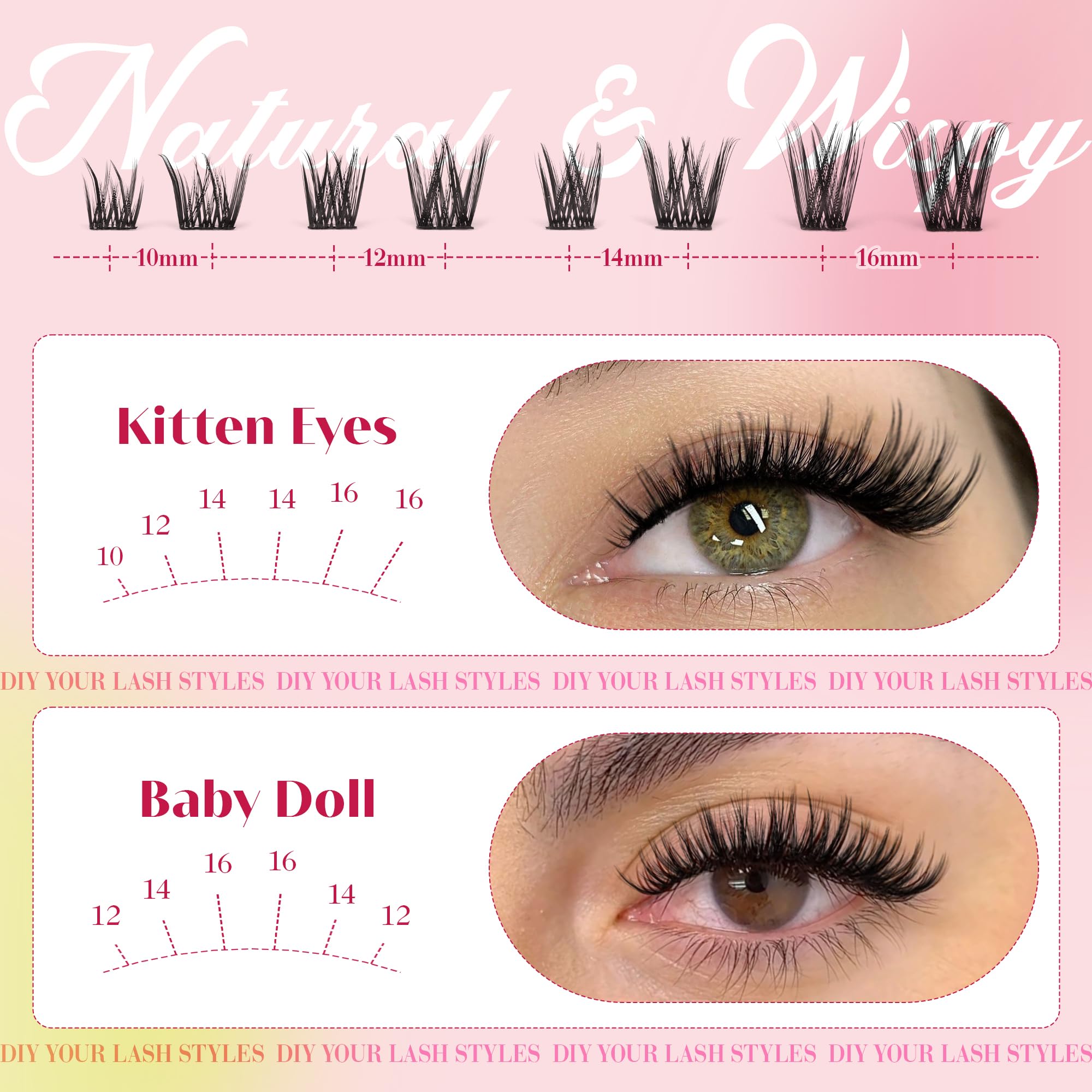 CORUSCATE Cluster Lashes Kit Wispy Eyelashes Individual Kit DIY Lash Extension Kit Natural Tatti Lashes Individual Cluster Eyelashes 10-16mm D Curl Lash with Bond and Seal Lash Glue