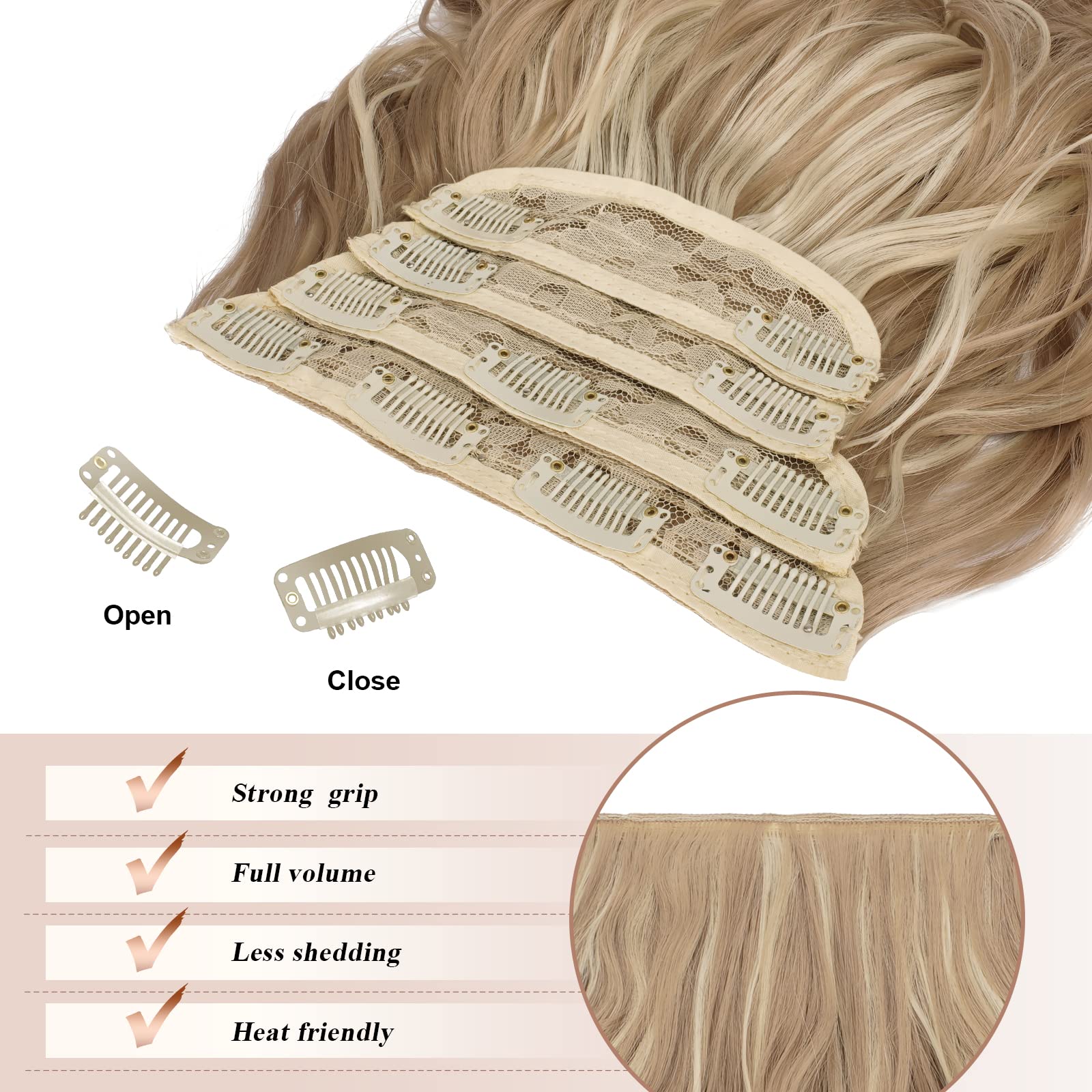FESHFEN Clip in Hair Extensions 4PCS Dirty Blonde Thick Hair Piece Long Wavy Clip in Extensions Highlighted Full Head Synthetic Fiber Hairpieces for Women, 20 Inch 180g