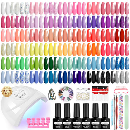 VANREESA Gel Nail Polish Set, 77 PCS Gel Nail Kit with 48W U V Lamp Spring Summer Colours White Pink Purple Blue Green U V Nail Polish Set with Manicure Tools Gifts for Women
