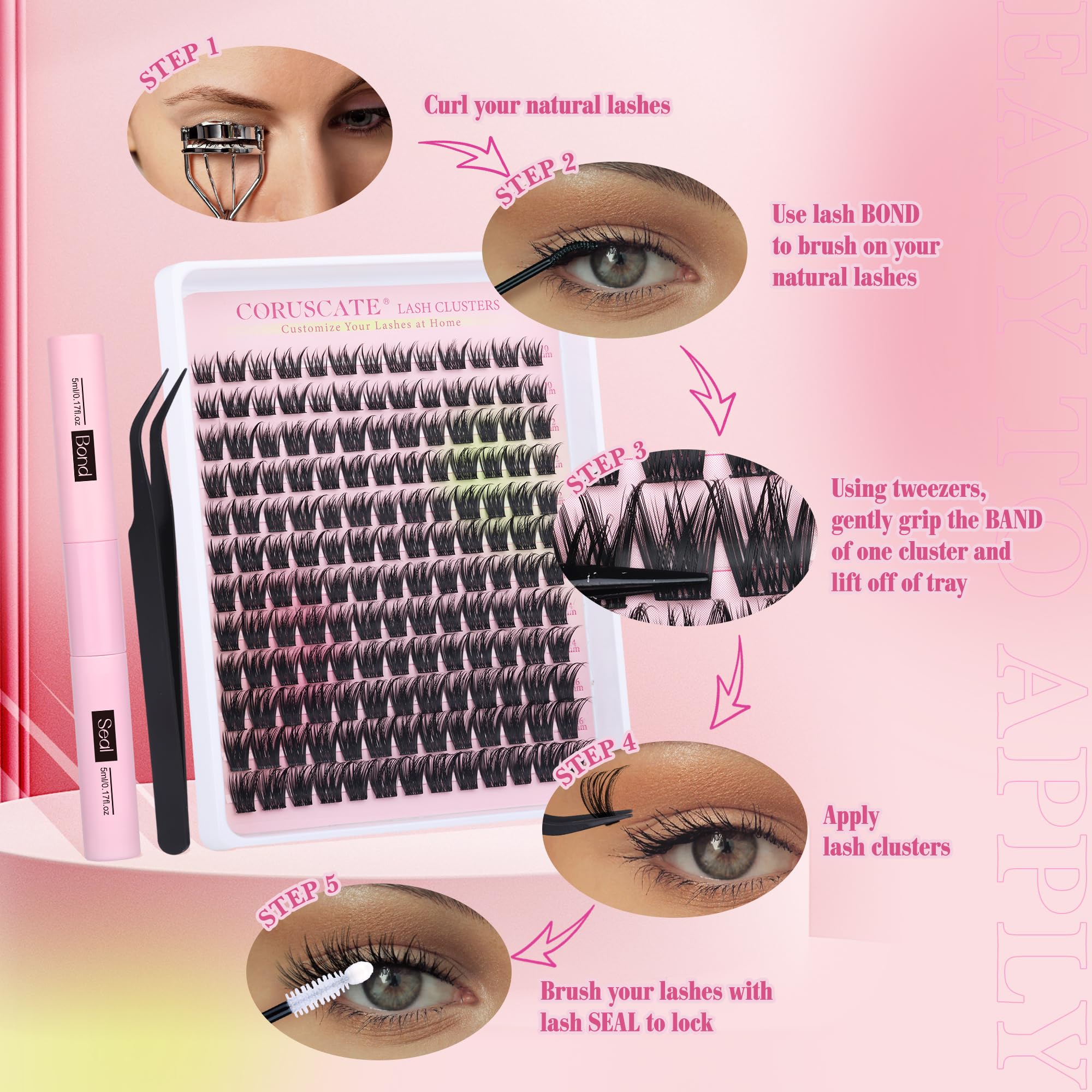CORUSCATE Cluster Lashes Kit Wispy Eyelashes Individual Kit DIY Lash Extension Kit Natural Tatti Lashes Individual Cluster Eyelashes 10-16mm D Curl Lash with Bond and Seal Lash Glue