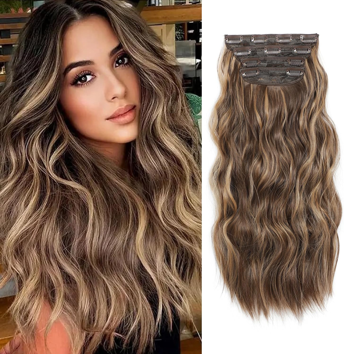 Fine Plus Hair Extensions Clip in 4PCS Light Brown Mix Honey Blonde 20Inch Hair Extension Long Wavy Full Head Clip in Hair Extensions Synthetic Fiber Hair Pieces for Women