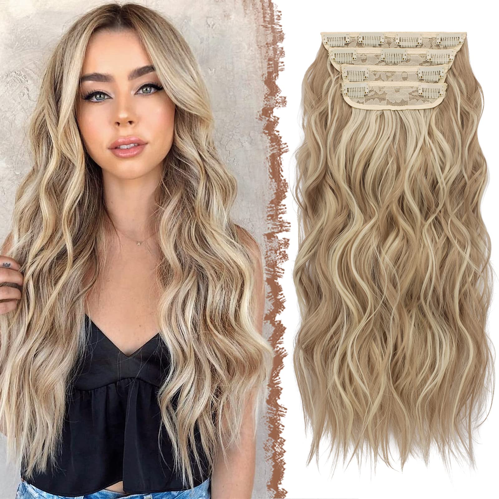 FESHFEN Clip in Hair Extensions 4PCS Dirty Blonde Thick Hair Piece Long Wavy Clip in Extensions Highlighted Full Head Synthetic Fiber Hairpieces for Women, 20 Inch 180g
