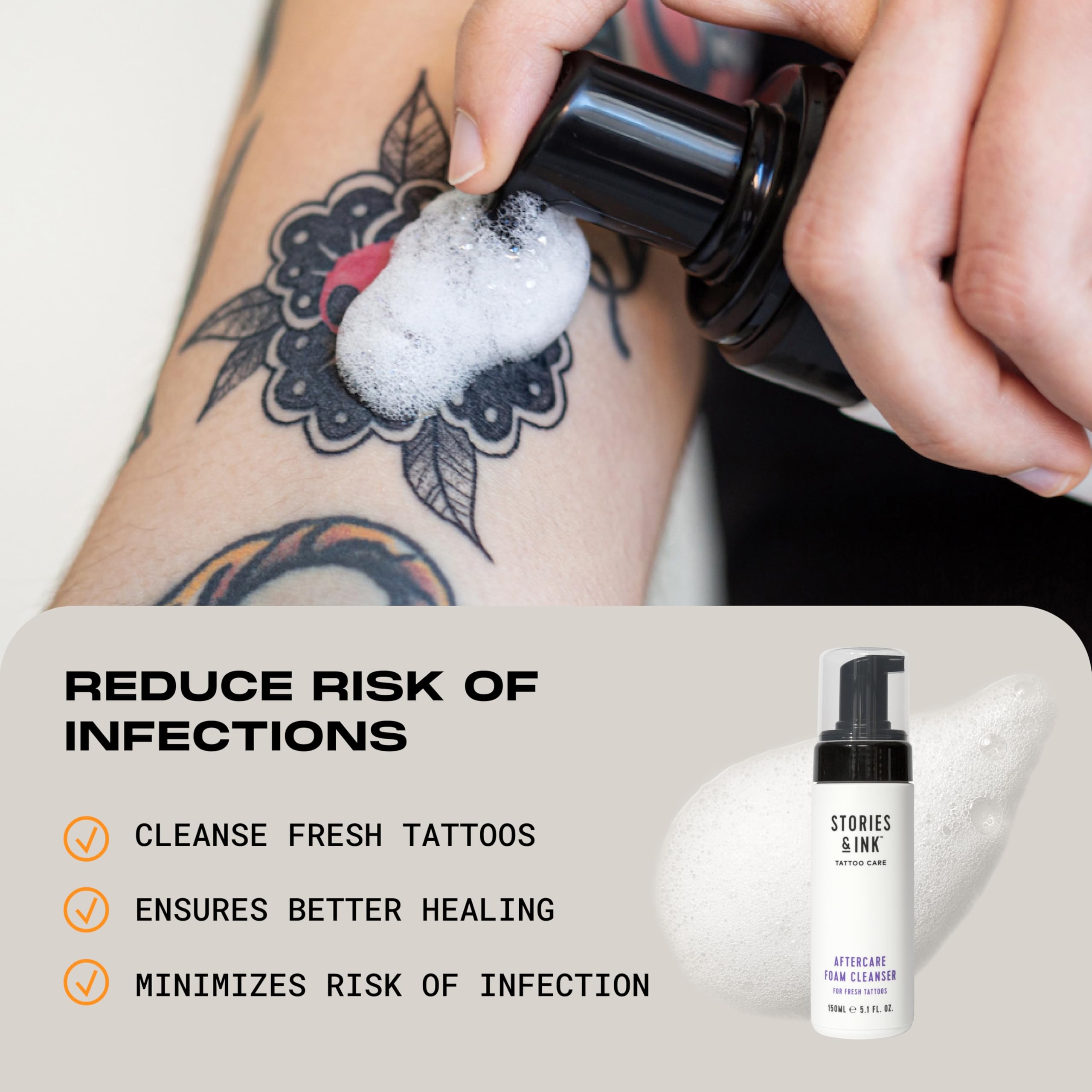 Stories & Ink | TATTOO AFTERCARE FOAM CLEANSER - For Fresh Tattoos, Soothes and Heals, Ultra Gentle, Soap & Sulfate Free