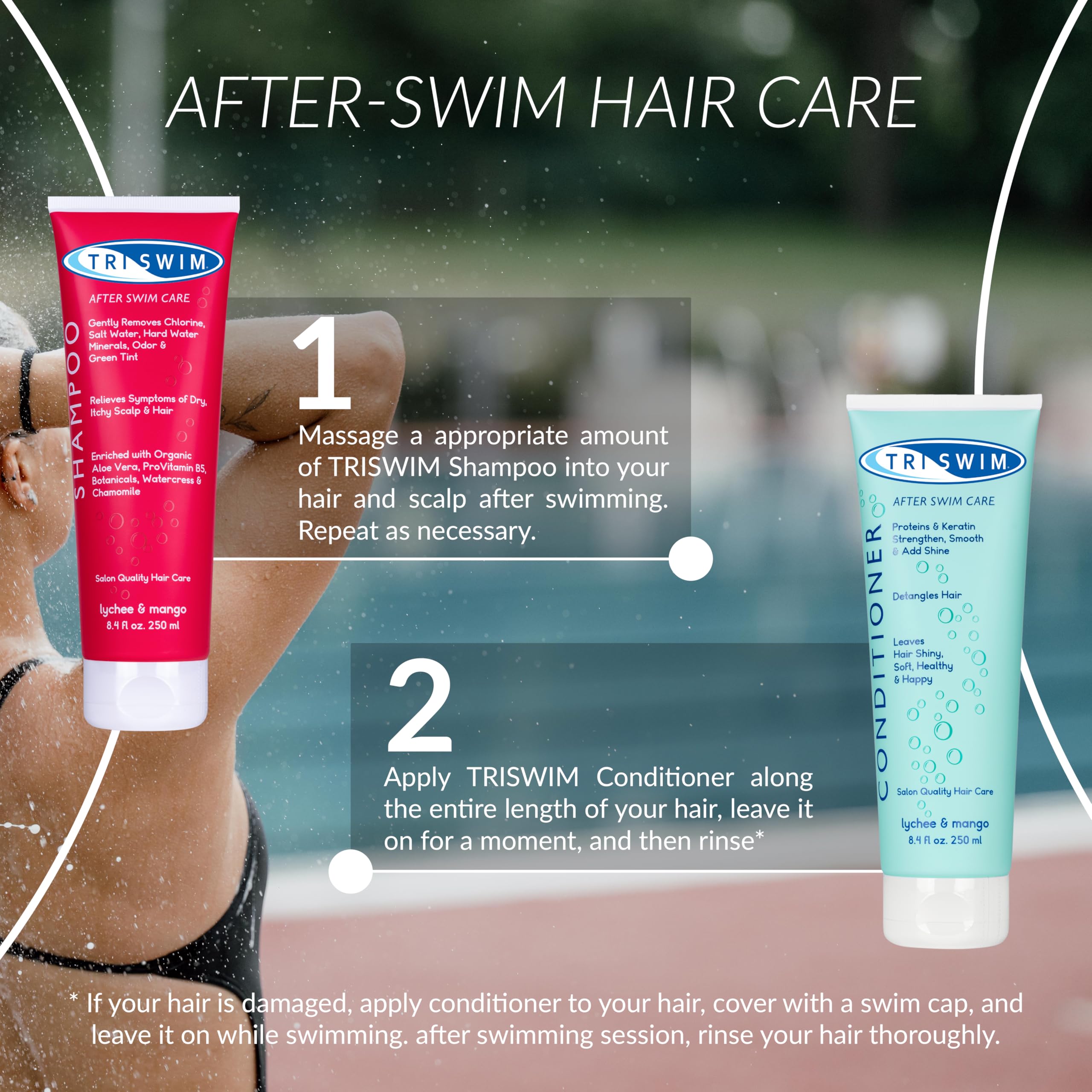 TRISWIM - Chlorine Removal Hair Care Bundle, After Swim Care Shampoo and Moisturizing Conditioner, Anti-Chlorine Hair Protection For Swimmers, Removes Green Tint, Vegan & Cruelty Free (250+250 ml)