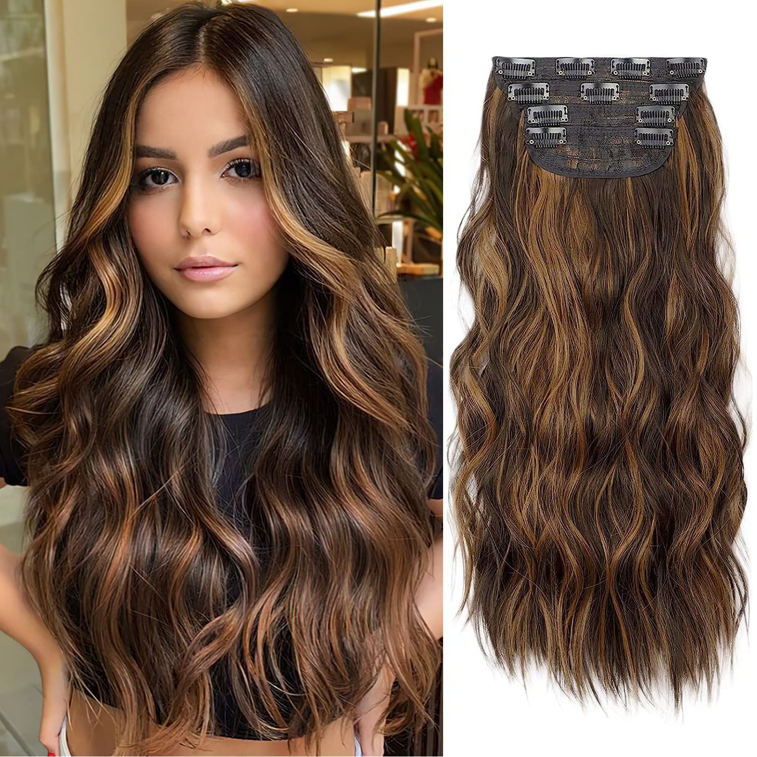 Brown Hair Extensions Clip in, 20 Inches Long Synthetic Curly Clip in Hair Extension for Women and Girls (Dark Brown with Mix Light Brown Highlights, 4pcs)