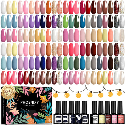 Phoenixy Gel Nail Polish - 60pcs 7ml Gel Nail Polish Set UV Soak-off Nail Polish with Base Coat and Glossy Matte Glitter Top Coat Nail Varnish Sets Manicure Kit for Women