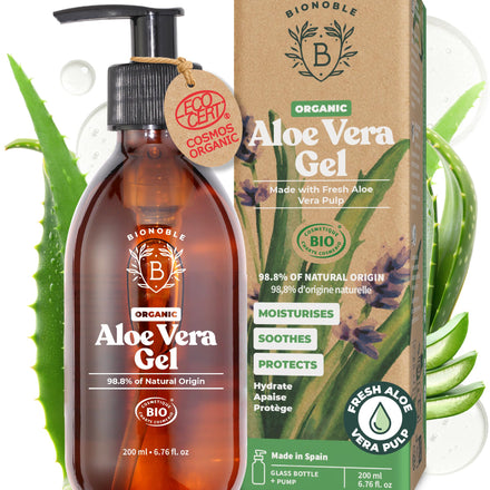 Bionoble Organic Aloe Vera Gel 200ml - Made with 100% Pure Fresh Aloe Pulp and Organic Lavender - Xanthan Free - Face, Eye Contour, Body, Hair - Glass Bottle + Pump