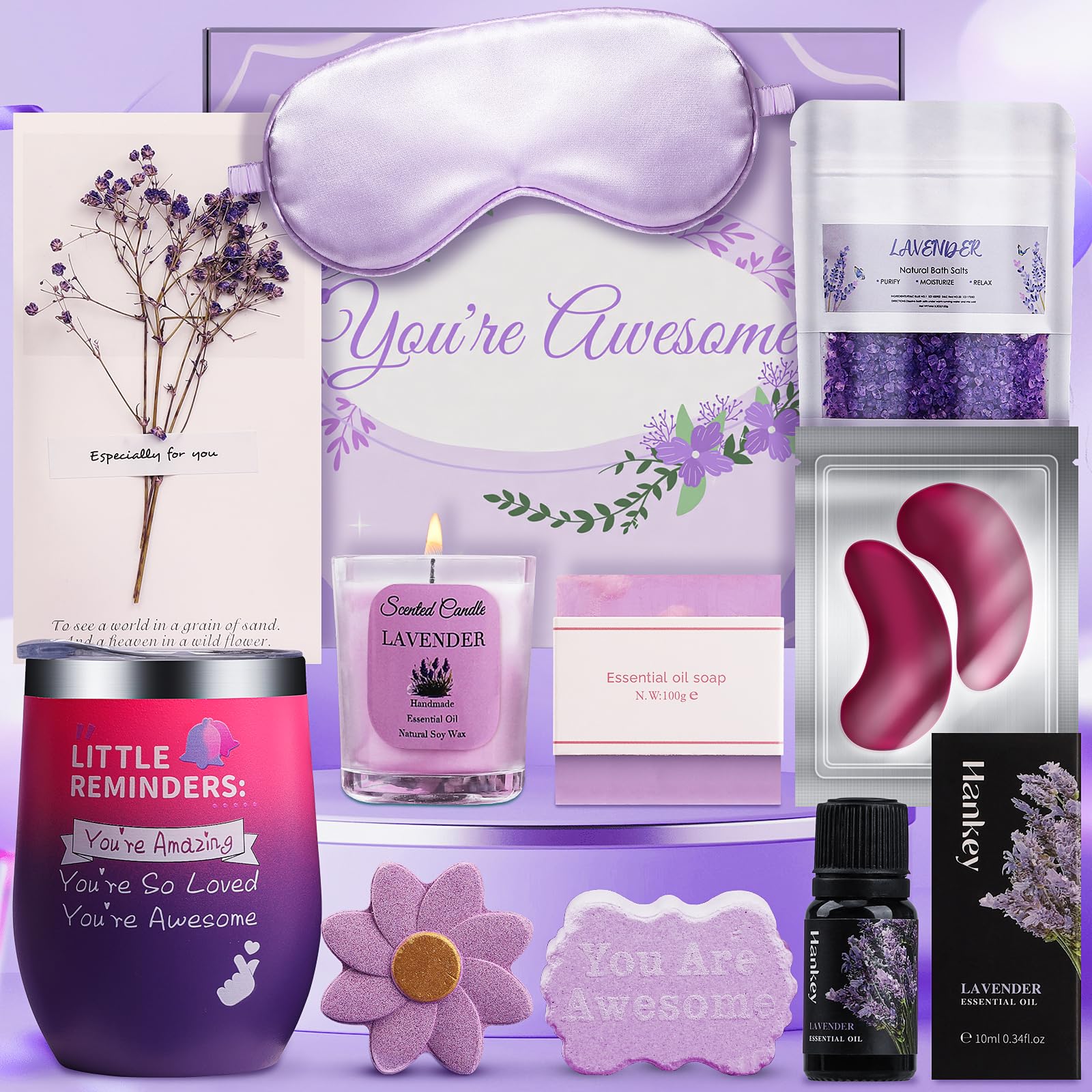 Lavender Pamper Gifts for Women, Gifts for Women Birthday Unique, Bath Sets Relaxation Spa, Get Well Soon, Self Care Package for Her Ideas for Siste, Ladies, Friend, Mothers Day