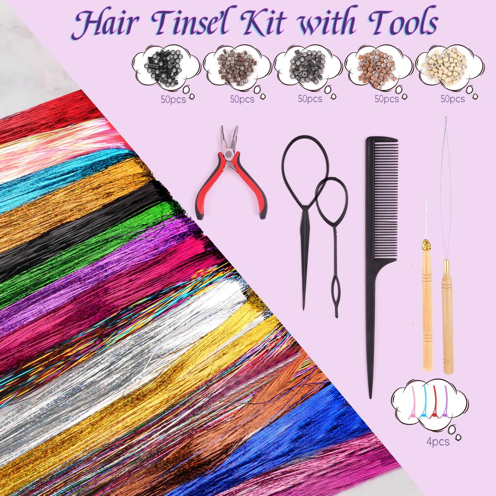 Glitter Hair Tinsel Kit with Tools - 3200 Sparkling Strands, 16 Colours, 47 Inch Length, Heat Resistant Fairy Hair Accessories for Women & Girls