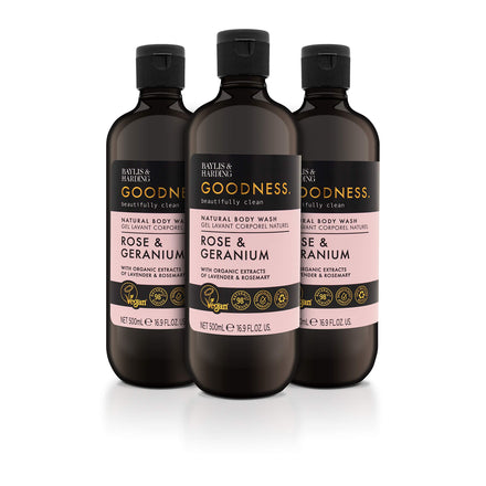 Baylis & Harding Goodness Rose & Geranium, 500 ml Body Wash, Pack of 3