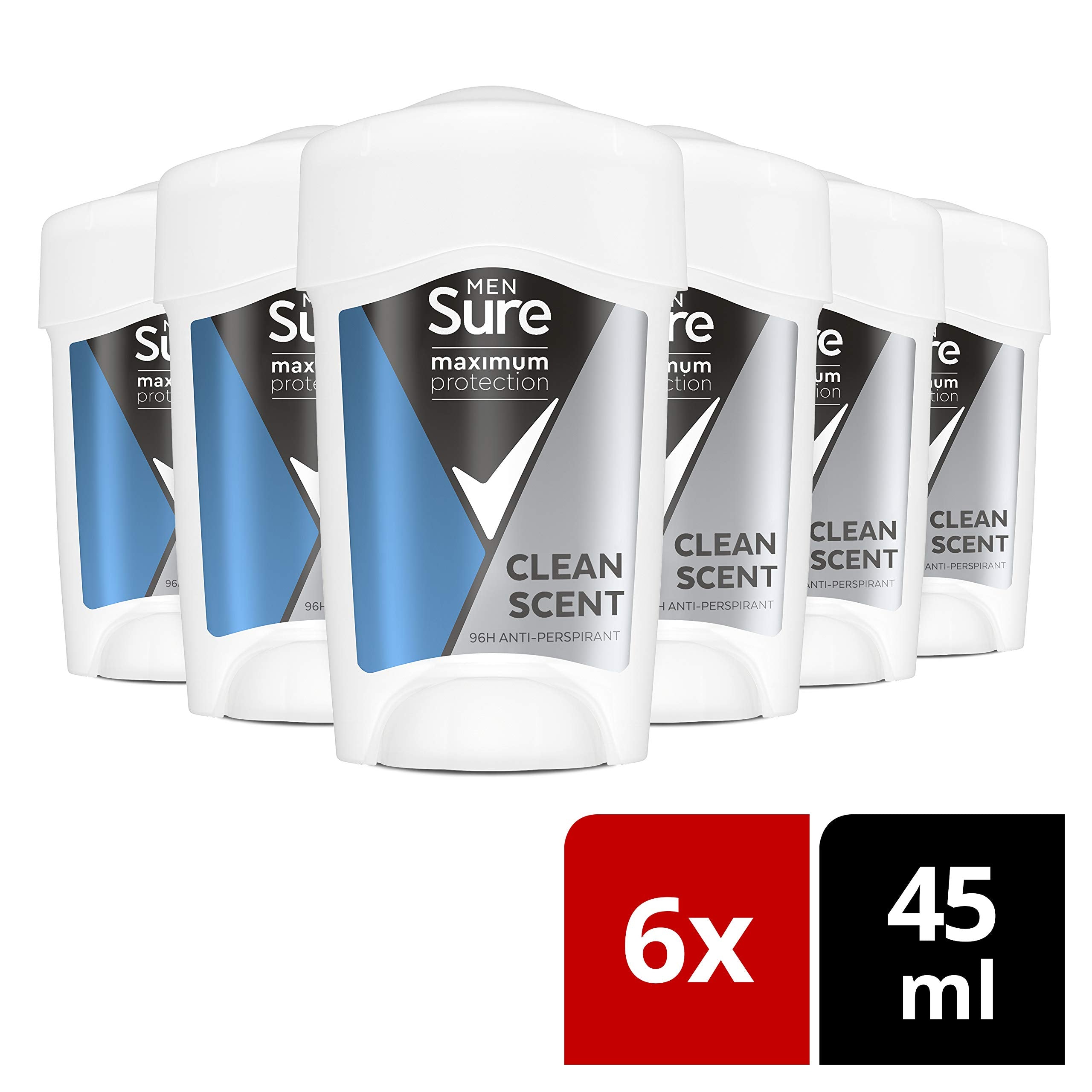 Sure Maximum Protection Clean Scent Anti-perspirant Cream Stick 6 pack 96h protection deodorant for 3x stronger* sweat protection 45 ml