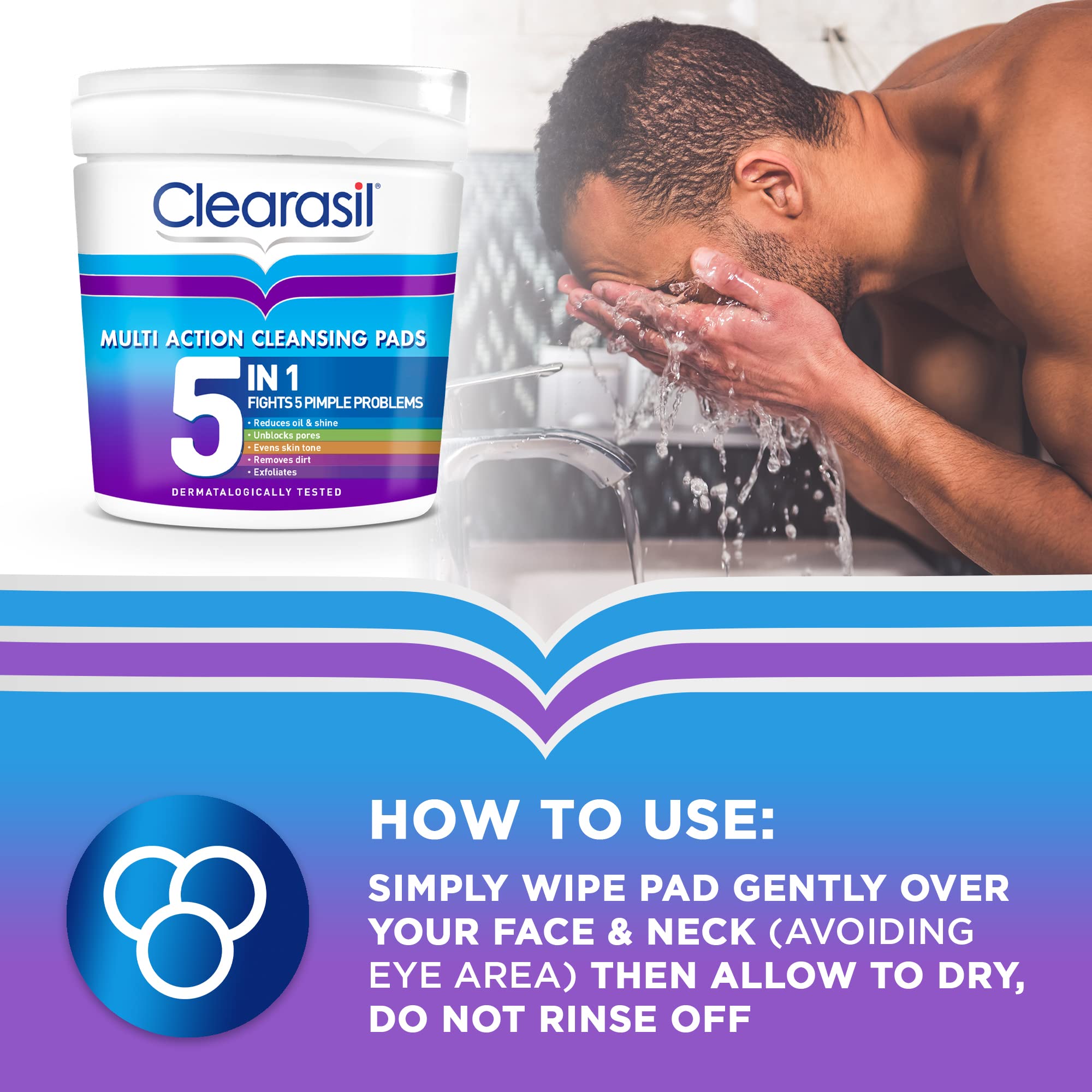 Clearasil 5-In-1 Multi-Action Cleansing Salicylic Acid Pads, Face Exfoliating For Acne Prone Skin, Unblock Pores, Reduces Blackheads, Pimples & Excess Oil, Everyday Spot Prevention, 65's (Pack Of 2)