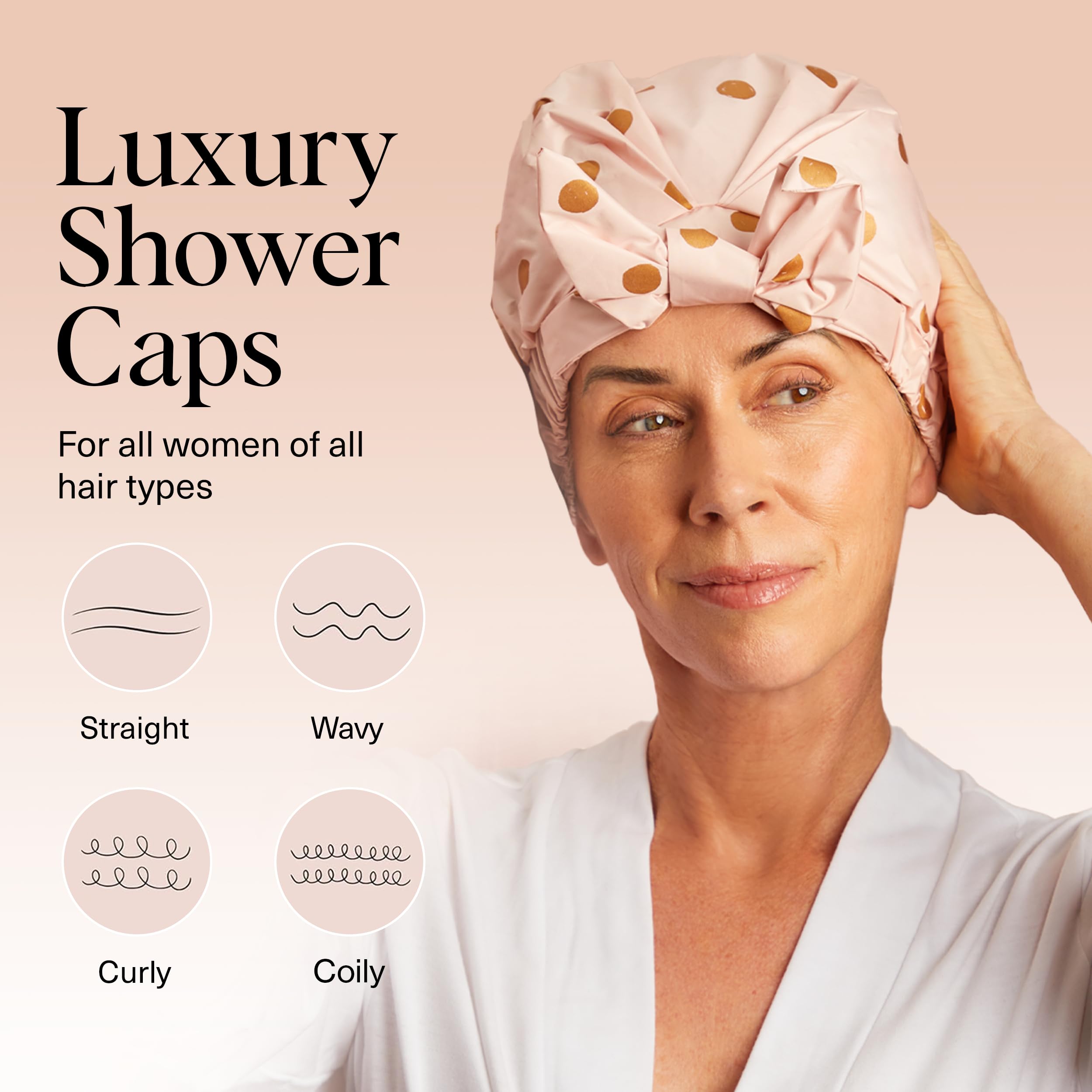 Kitsch Luxury Shower Cap for Women - Reusable Shower Cap for Long Hair with Non Slip Silicon Grip | Waterproof Hair Cap for Shower with One Size Fits Most | Stylish Hair Cover for Shower (Blush Dot)