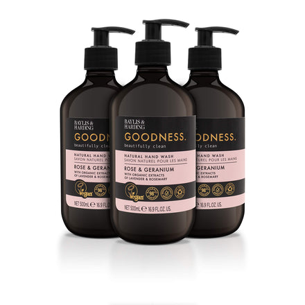 Baylis & Harding Liquid Hand Soap Wash with Dispenser, Goodness, Rose & Geranium, 16.9oz/500ml (3-Pack)