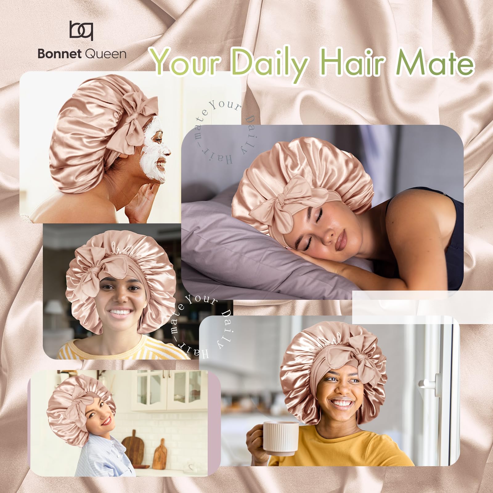 BONNET QUEEN Silk Bonnet for Sleeping - Satin Bonnet Designed for Women with Curly Hair, Sleep Cap with Adjustable Tie Band, Champagne
