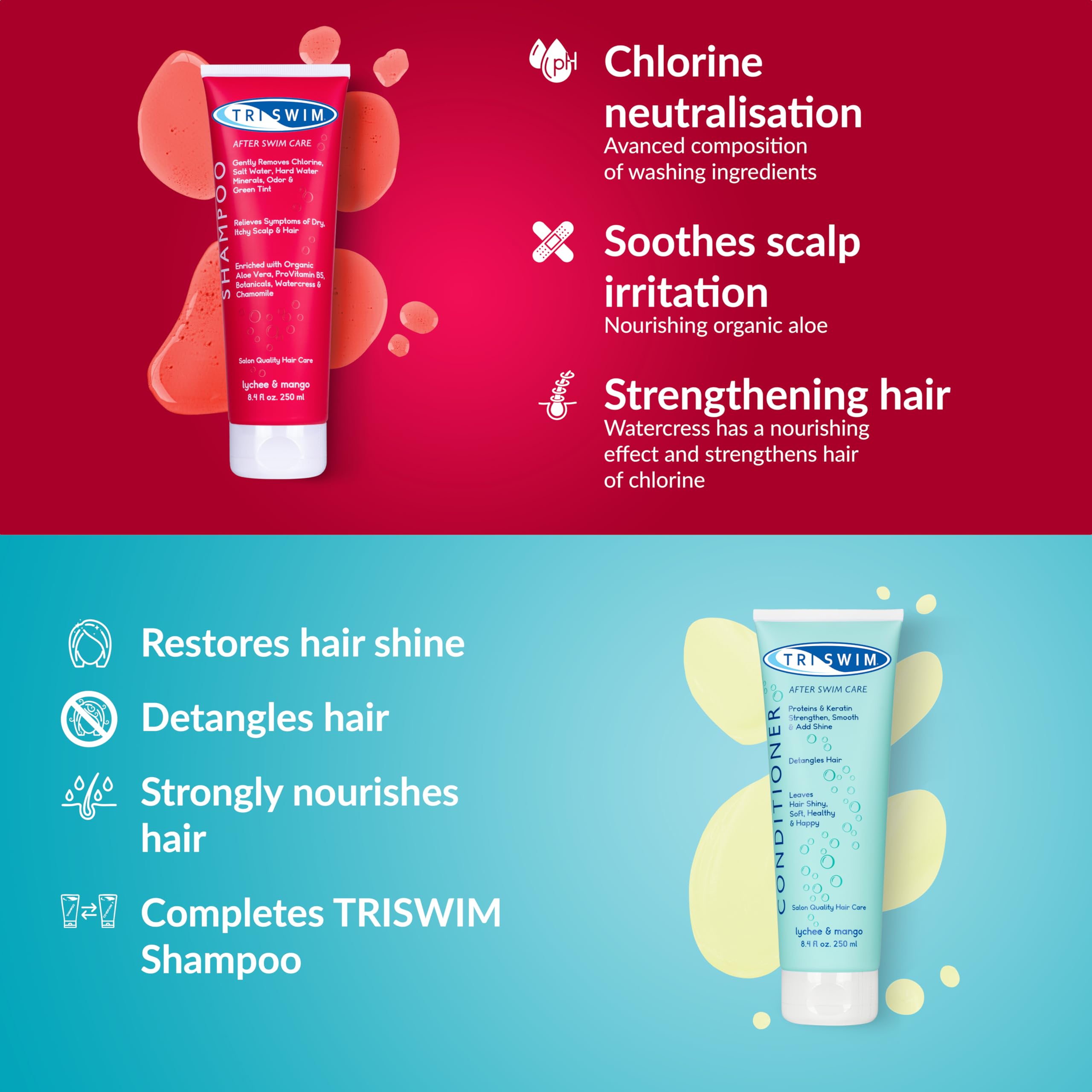 TRISWIM - Chlorine Removal Hair Care Bundle, After Swim Care Shampoo and Moisturizing Conditioner, Anti-Chlorine Hair Protection For Swimmers, Removes Green Tint, Vegan & Cruelty Free (250+250 ml)