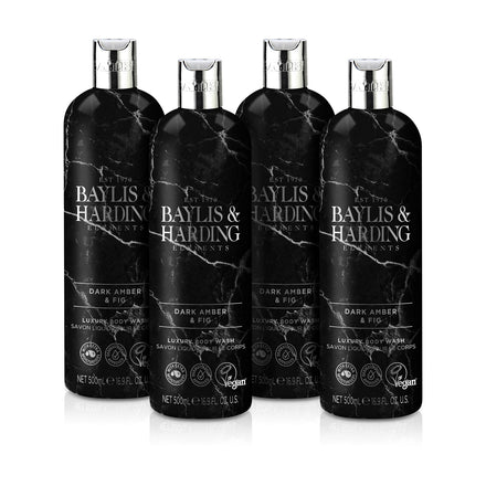 Baylis & Harding Liquid Body Wash Soap, Elements, Dark Amber & Fig, 16.9oz/500ml (4-Pack)