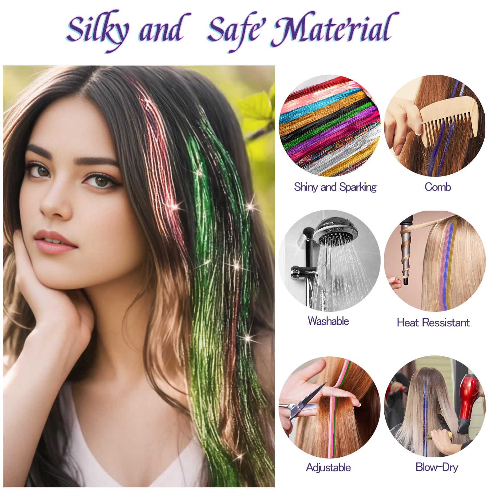 Glitter Hair Tinsel Kit with Tools - 3200 Sparkling Strands, 16 Colours, 47 Inch Length, Heat Resistant Fairy Hair Accessories for Women & Girls