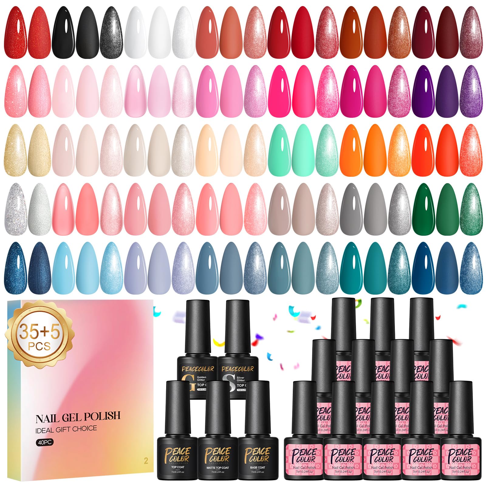 PEACECOLOR 40PCS Gel Nail Polish Set: 35 Colours Red White Green Gel Nail Polish Starter Kit with Base Coat and Glitter Matte & Glossy Top Coat Nail Art Set DIY Home Gifts for Women