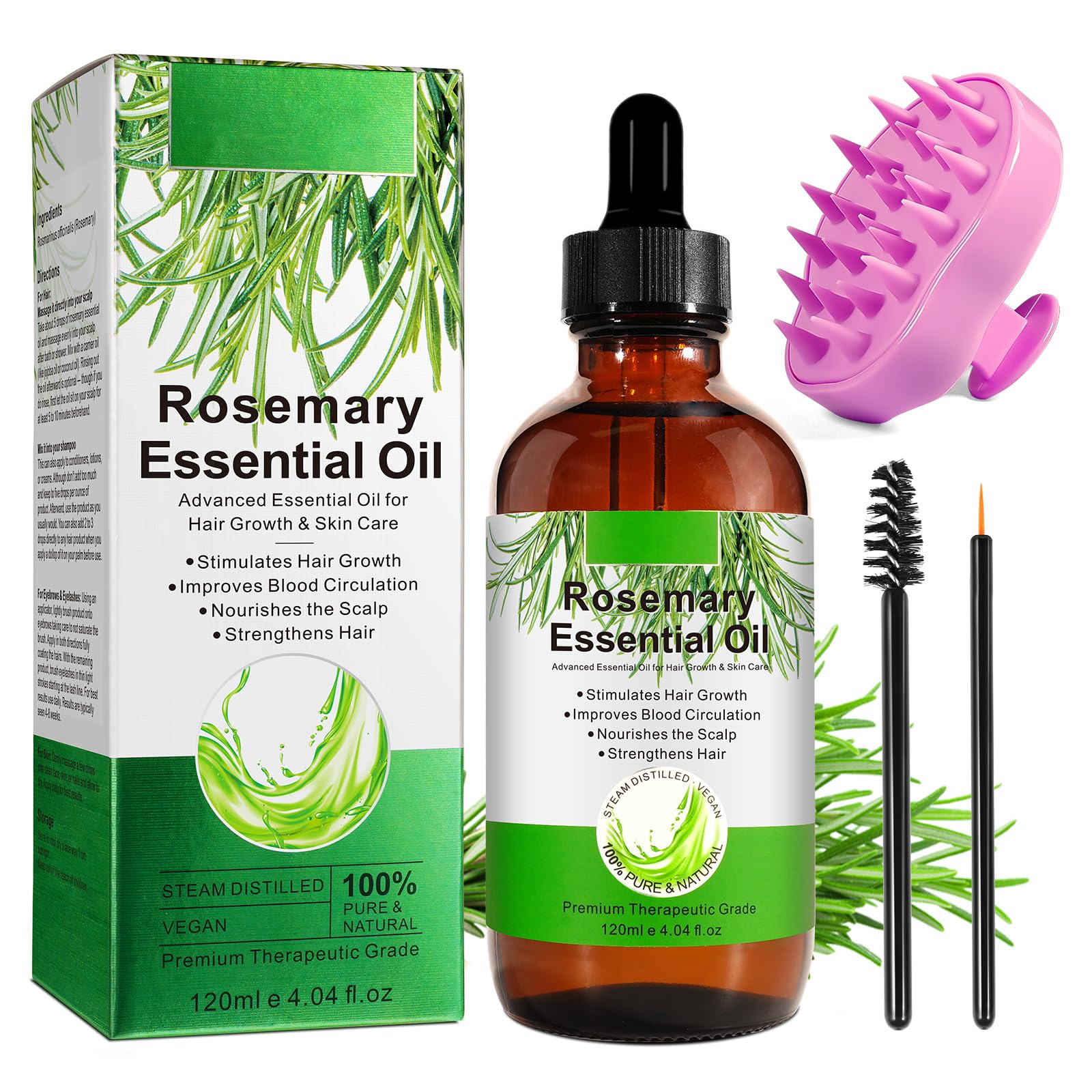 Organic Rosemary Oil for Hair Growth 120ml with Scalp Massager, 100% Pure Rosemary Essential Oil for Eyelashs, Eyebrows, Face, Skin Care, Body Massage, Nourishes The Scalp, Improve Blood Circulation