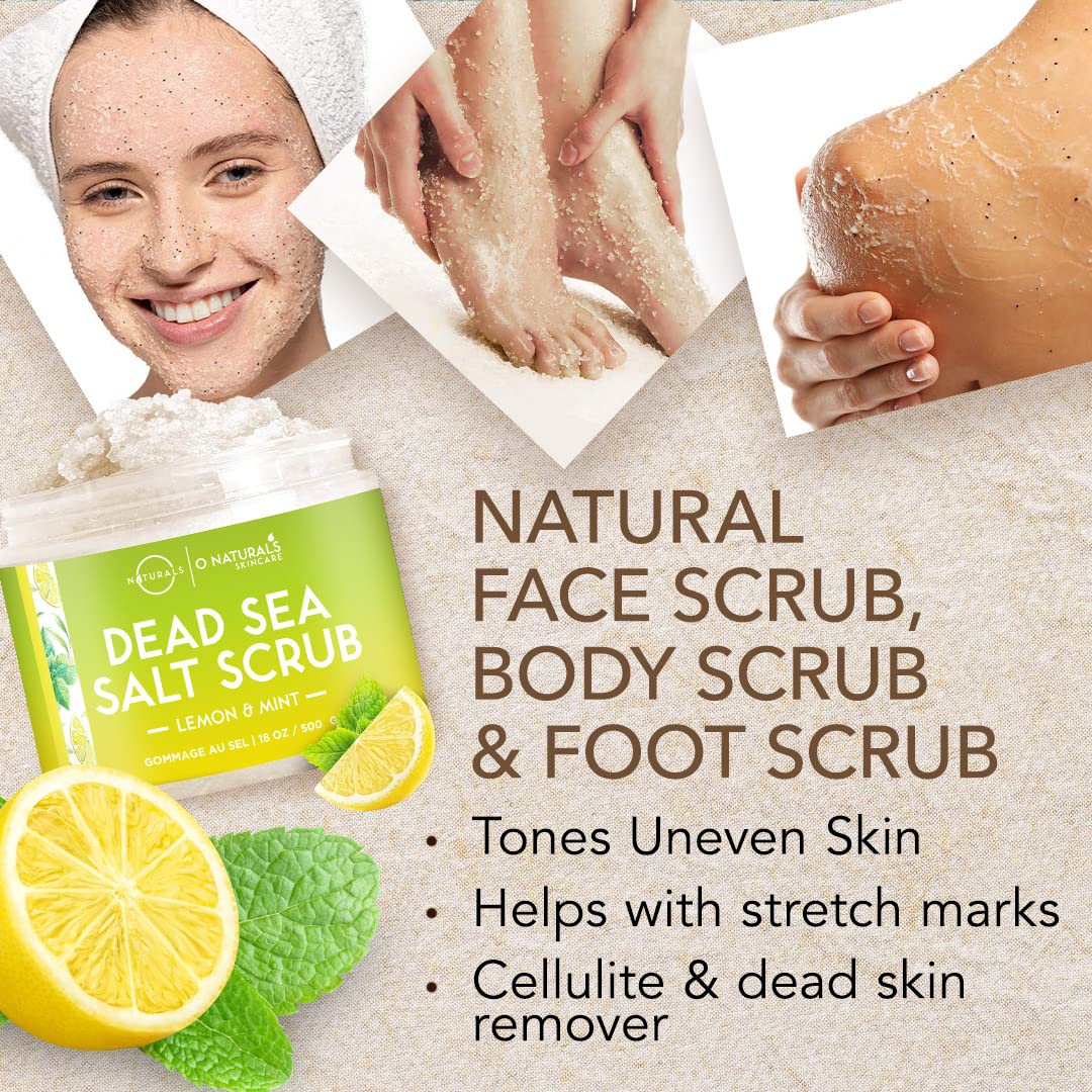 O Naturals Lemon & Mint Dead Sea Salt Scrub. Refreshing All Natural Exfoliator for Face, Hands, Body & Acne. Smooths, Renews & Revives Skin with Argan & Sweet Almond Oil. For Women & Men. 500 gr