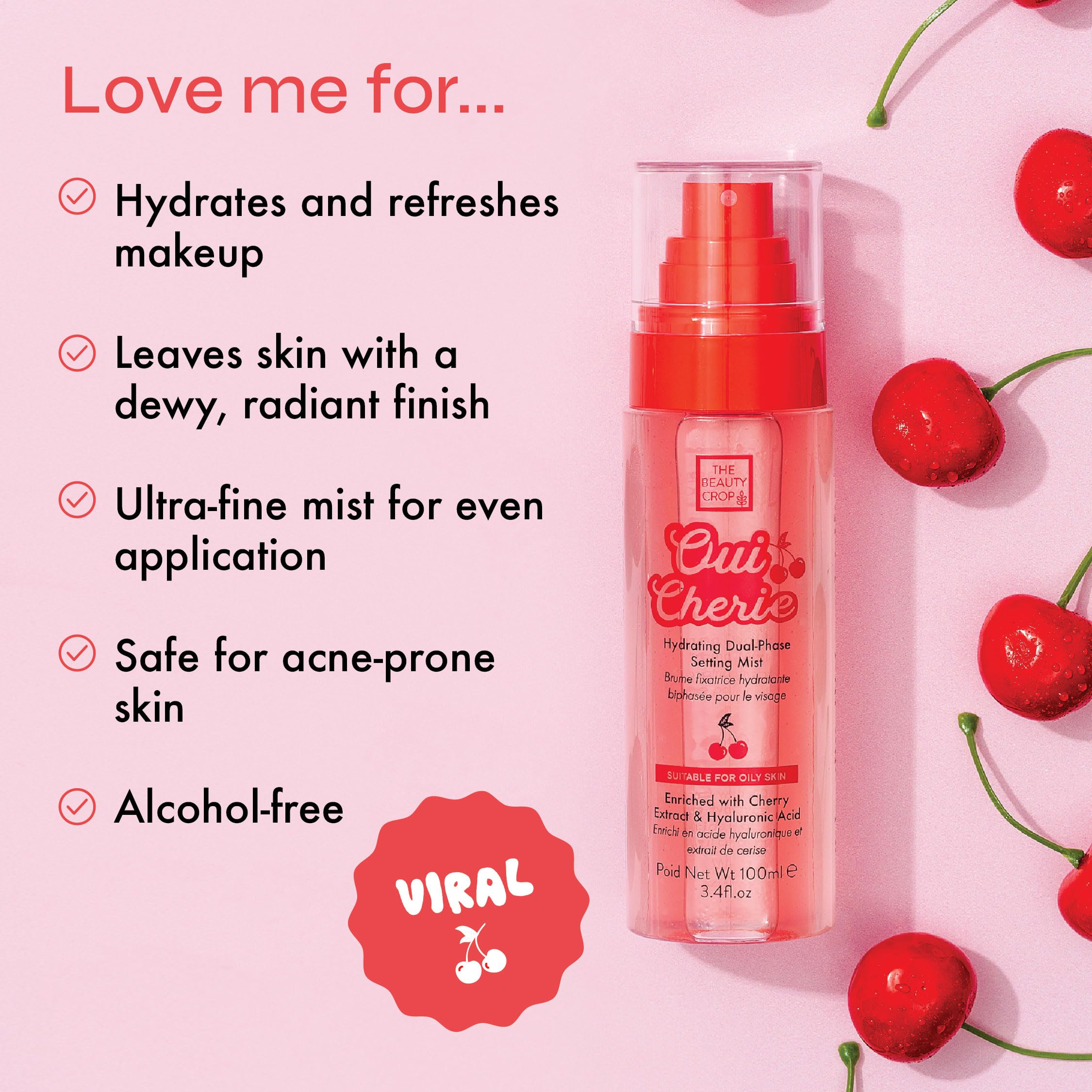 The Beauty Crop Oui Cherie Mist - Hydrating Dual-Phase Setting Spray with Cherry Extract and Hyaluronic Acid, Vegan Friendly - 100 ml