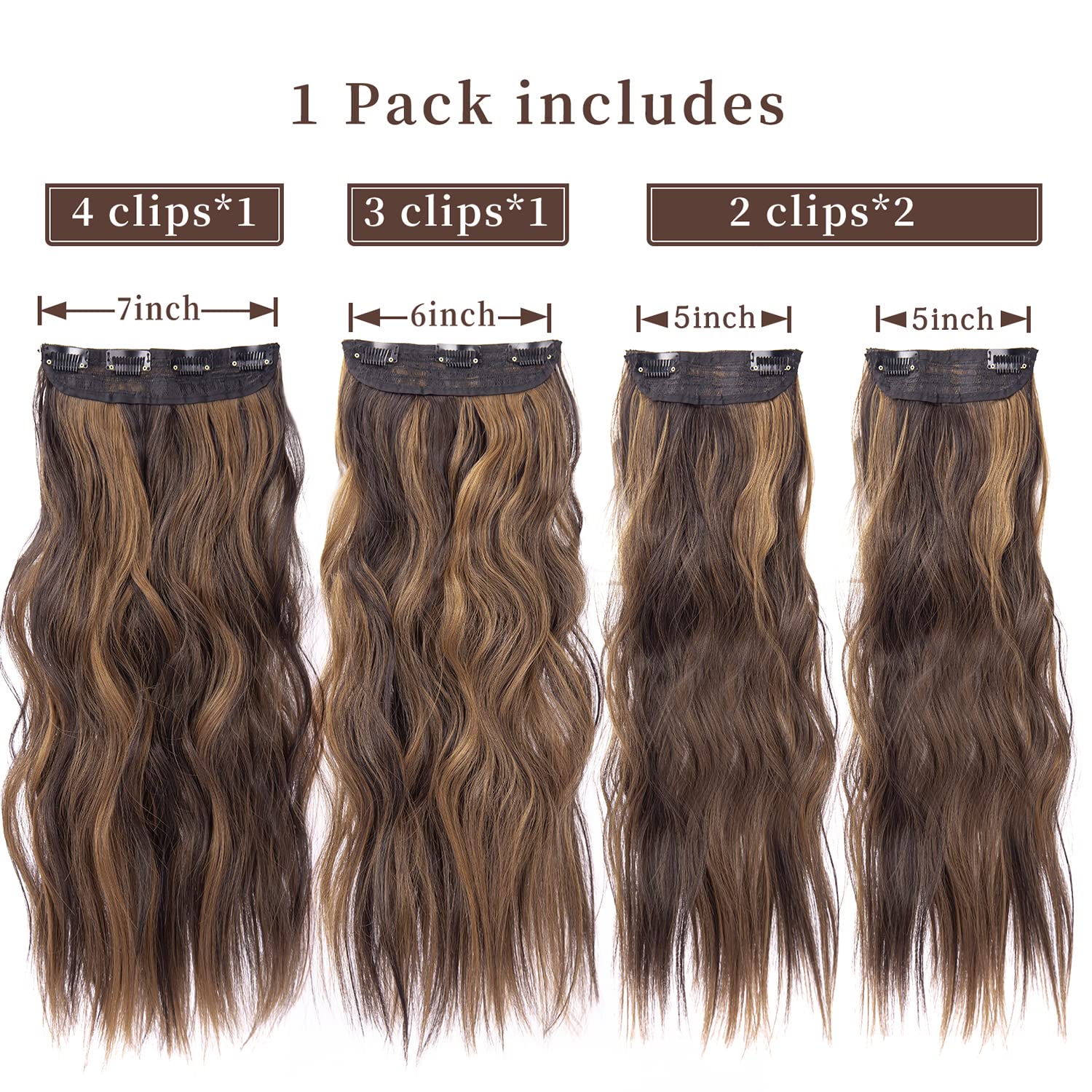 Brown Hair Extensions Clip in, 20 Inches Long Synthetic Curly Clip in Hair Extension for Women and Girls (Dark Brown with Mix Light Brown Highlights, 4pcs)