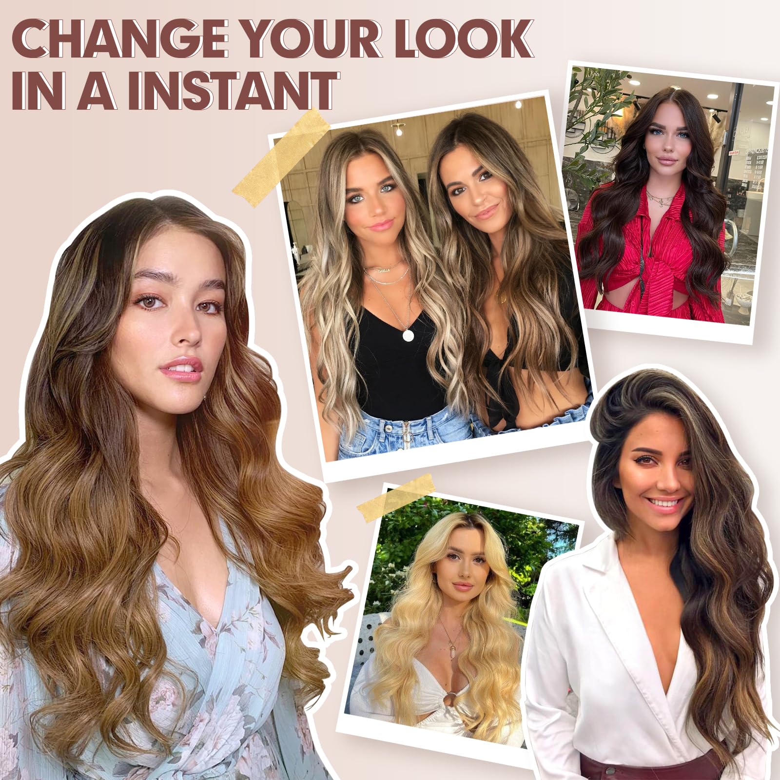 FESHFEN Clip in Hair Extensions 4PCS Dirty Blonde Thick Hair Piece Long Wavy Clip in Extensions Highlighted Full Head Synthetic Fiber Hairpieces for Women, 20 Inch 180g