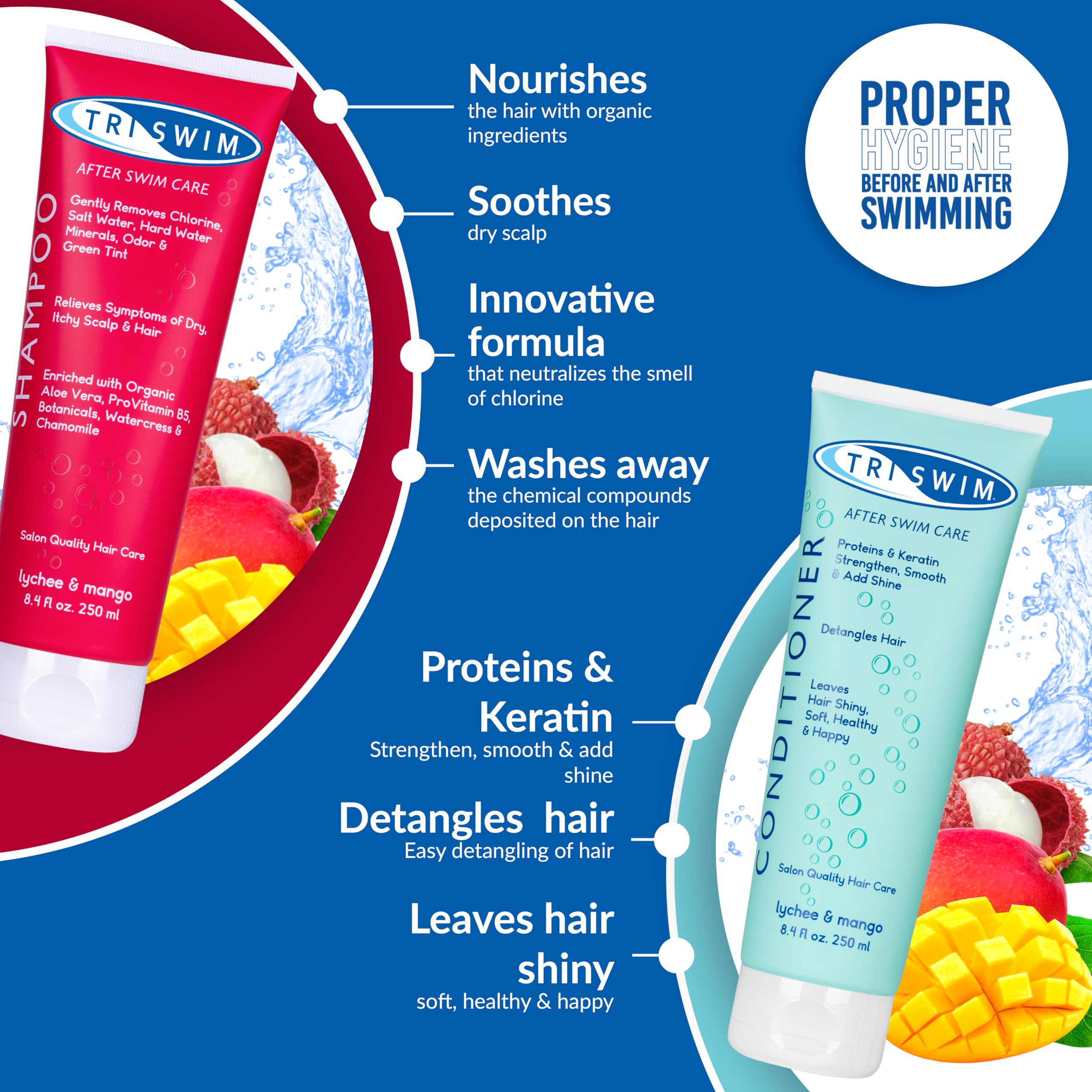TRISWIM - Chlorine Removal Hair Care Bundle, After Swim Care Shampoo and Moisturizing Conditioner, Anti-Chlorine Hair Protection For Swimmers, Removes Green Tint, Vegan & Cruelty Free (250+250 ml)