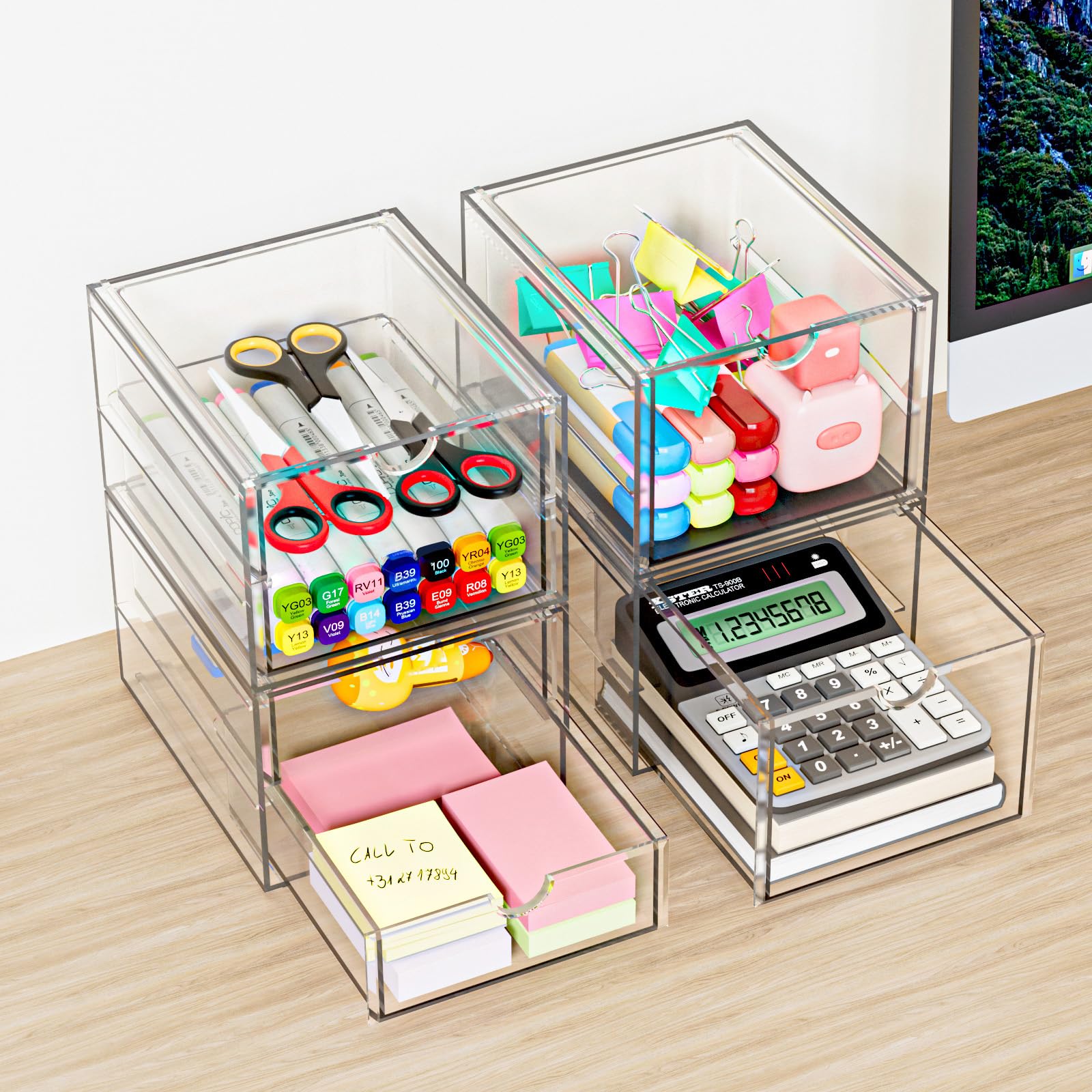 4 Pack Stackable Storage Drawers, Acrylic Cosmetic Drawer, Clear Desk Accessories, Latest Model Dustproof Drawer Storage for Dresser, Bathroom