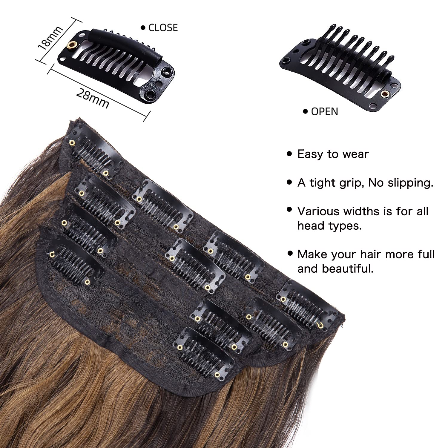 Brown Hair Extensions Clip in, 20 Inches Long Synthetic Curly Clip in Hair Extension for Women and Girls (Dark Brown with Mix Light Brown Highlights, 4pcs)