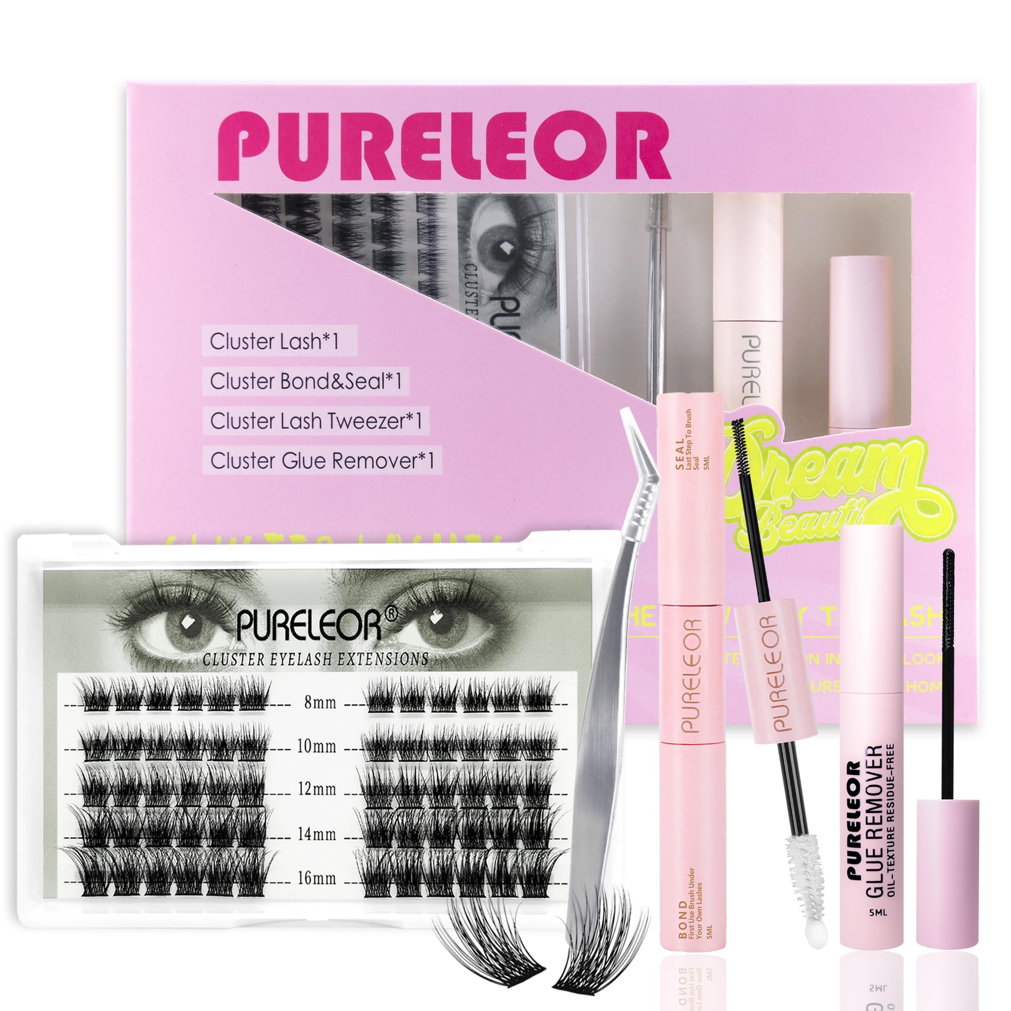 Cluster Lashes Extension Kit DIY Individual Eyeashes Extensions with Bond Seal Tweezers Remover 8-16mm Mixed Length Wispy 60Pcs Eyelash Natural Look DIY at Home