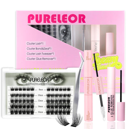 Cluster Lashes Extension Kit DIY Individual Eyeashes Extensions with Bond Seal Tweezers Remover 8-16mm Mixed Length Wispy 60Pcs Eyelash Natural Look DIY at Home