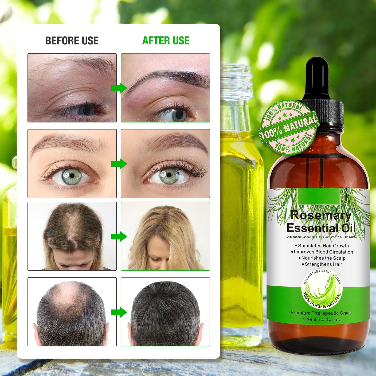 Organic Rosemary Oil for Hair Growth 120ml with Scalp Massager, 100% Pure Rosemary Essential Oil for Eyelashs, Eyebrows, Face, Skin Care, Body Massage, Nourishes The Scalp, Improve Blood Circulation