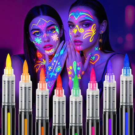 ThEast 8 UV Neon Face Paint Pens, Glow in the Dark Under UV Light Body Painting Kit, Tatto Markers for Skin Washable, Face Makeup for Party Favors