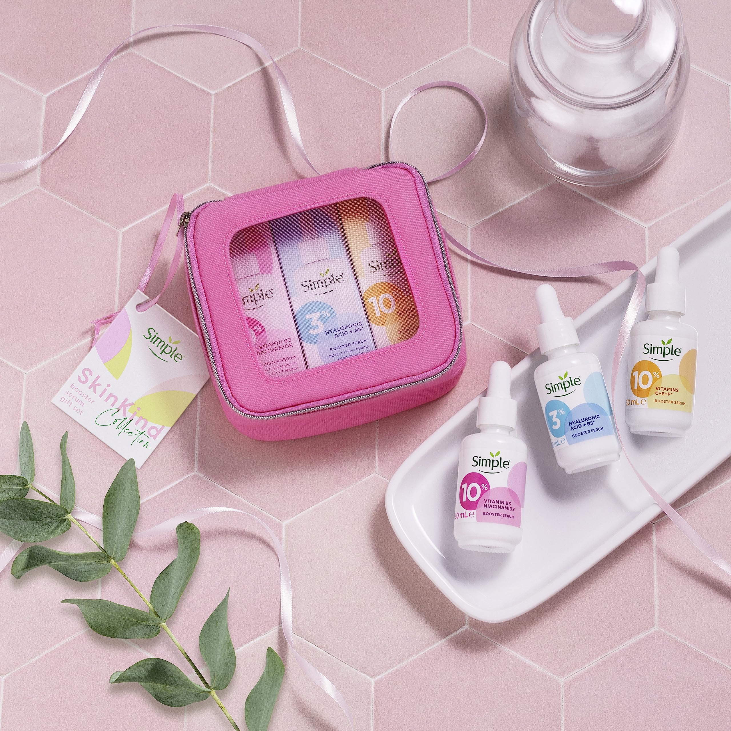 Simple Skin Kind Booster Serum Gift Set with a small travel beauty bag skin care products for her 3 piece