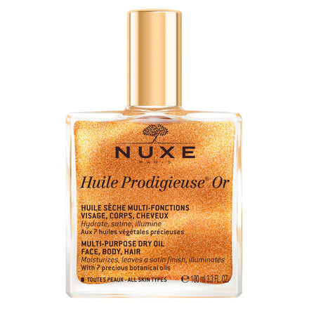 NUXE Huile Prodigieuse Shimmering Dry Oil 100ml, Illuminating Multi-Purpose Oil, With Gold-Flecked Glow for Face, Body & Hair, Softens & Enhances, Vegan Formula