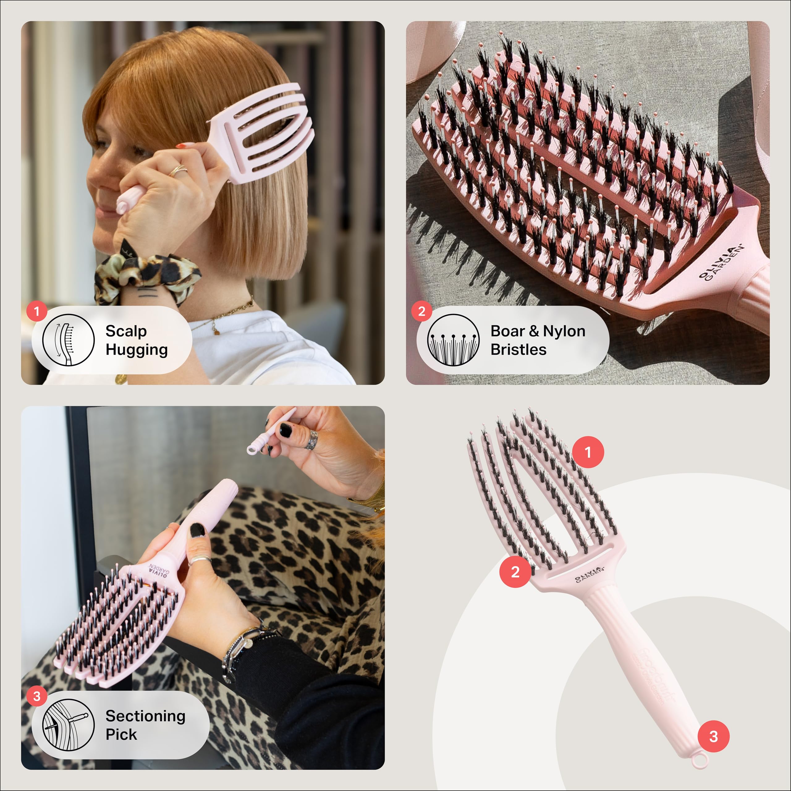 Olivia Garden Fingerbrush Care Iconic - Medium - Pastel Pink - Detangling Hairbrush with Boar & Nylon Bristles for Ultimate Shine & Smooth Styling