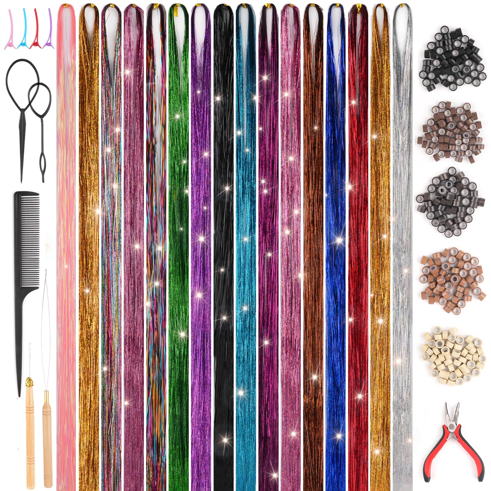 Glitter Hair Tinsel Kit with Tools - 3200 Sparkling Strands, 16 Colours, 47 Inch Length, Heat Resistant Fairy Hair Accessories for Women & Girls