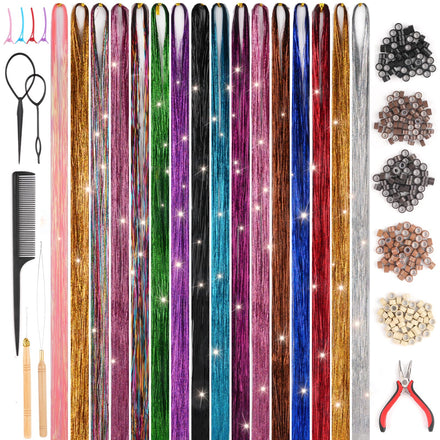 Glitter Hair Tinsel Kit with Tools - 3200 Sparkling Strands, 16 Colours, 47 Inch Length, Heat Resistant Fairy Hair Accessories for Women & Girls