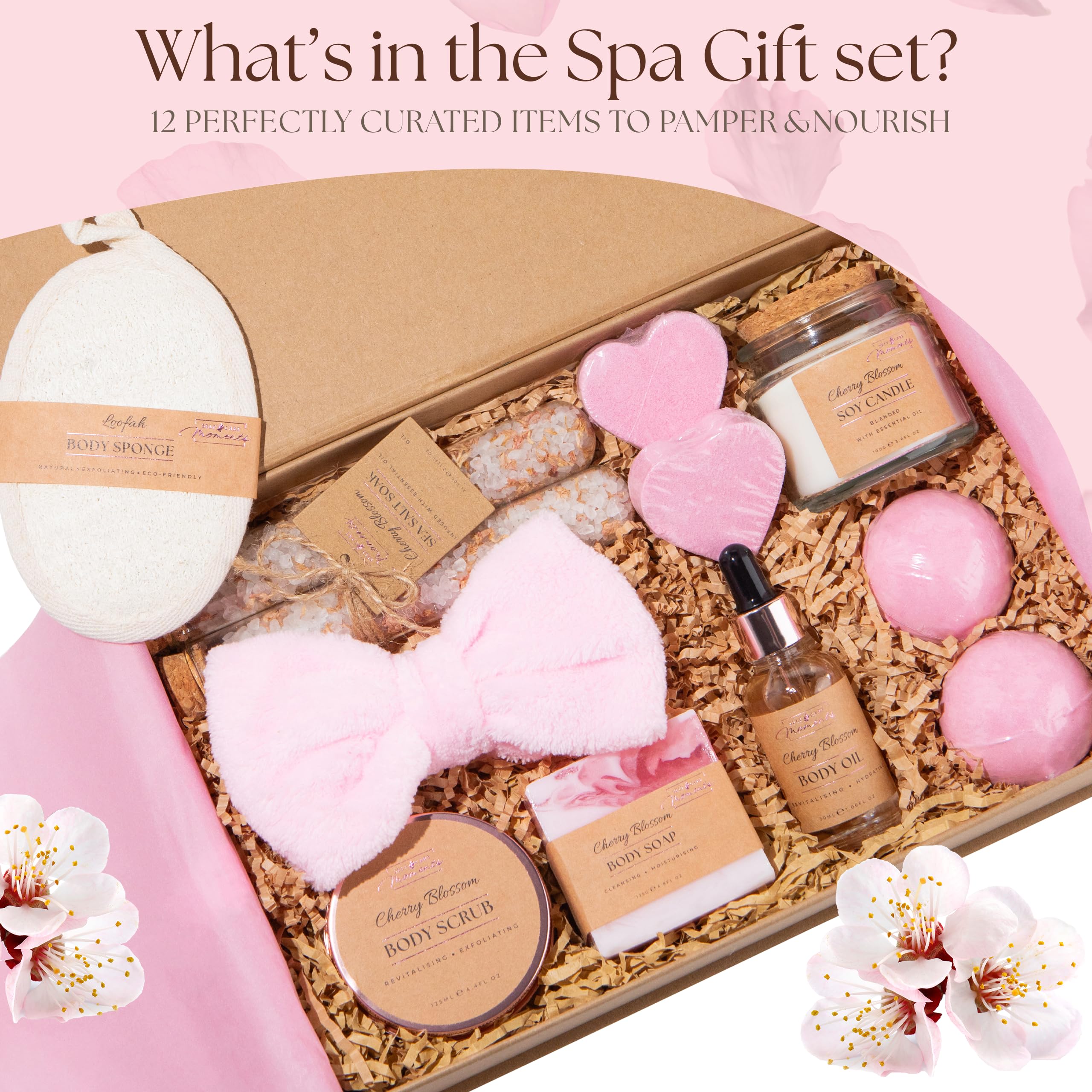 Self Care Moments Luxury Spa Pamper Hamper Kit for Her - 12 Pamper Gifts for Women with Cherry Blossom - Bath Spa Sets for Mum - Relaxation Birthday Gifts for Women - Self Care Mothers Day Gifts