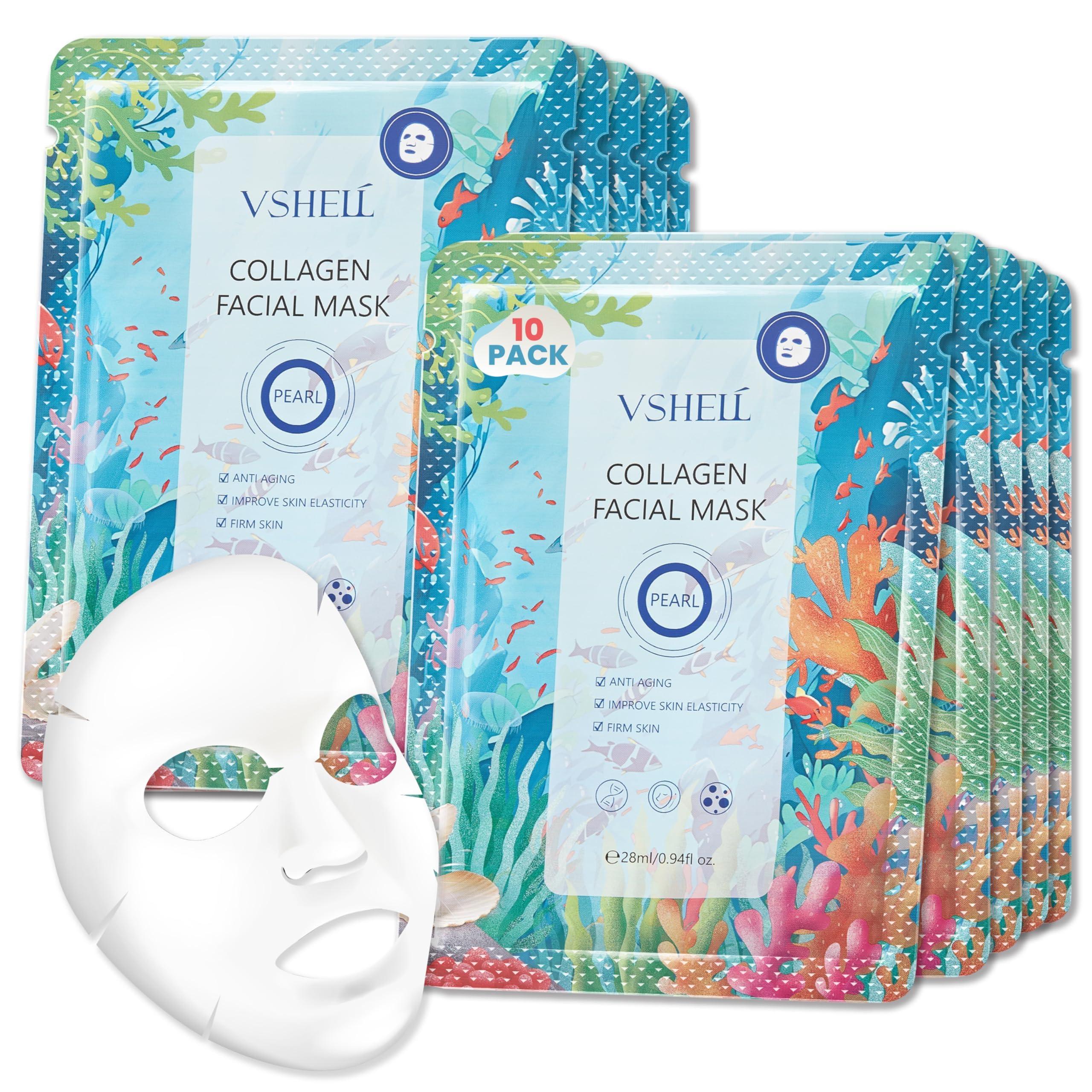 Collagen Face Sheet Mask, Set of 10 - Hydrating Beauty Skincare with Hyaluronic Acid for Women and Men - Moisturising Anti Aging Facial Treatment - Ideal for Sensitive Skin